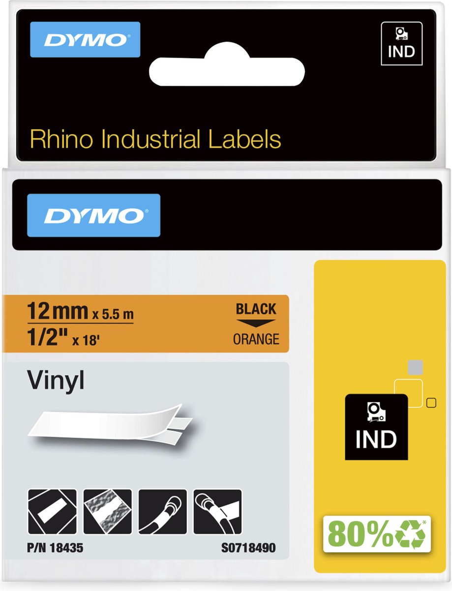 Étiquettes en vinyle industriel Dymo rhino | 12 mm x 5,5 m | impression noire sur orange | étiquettes autocollantes pour imprimantes d'étiquettes Rhino Label Manager