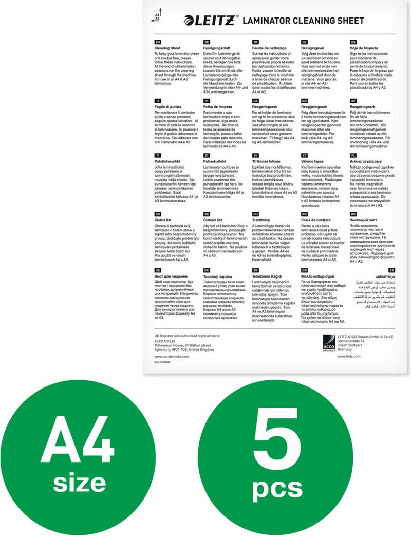 Feuilles de nettoyage Leitz premium a4 a3 pour plastifieuse - éliminent la colle et la saleté - réutilisables - 5 pièces
