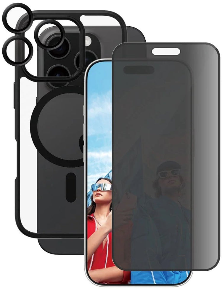 Panzerglass, protecteur d'écran adapté pour iPhone 16 pro - Pack phare de confidentialité 3 en 1, noir transparent