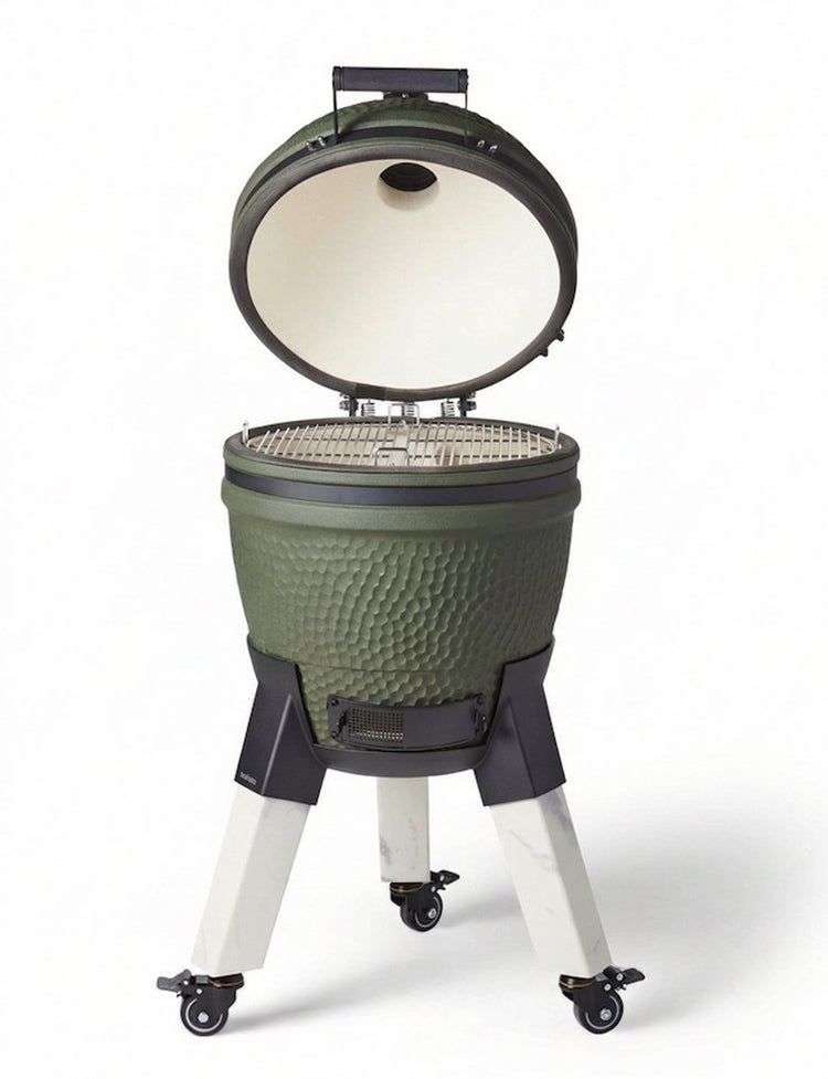 Kamado original moderne - pieds en aluminium aspect marbre avec roues avec freins - 8 à 12 personnes - vert