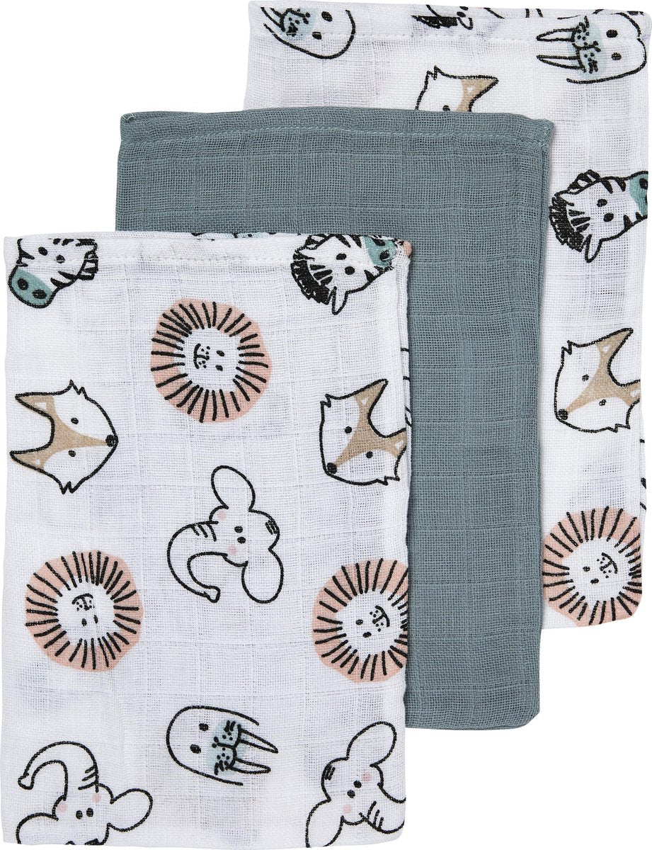Débarbouillettes Meyco bébé animal - paquet de 3 - hydrophile - multicolore - 20x17cm