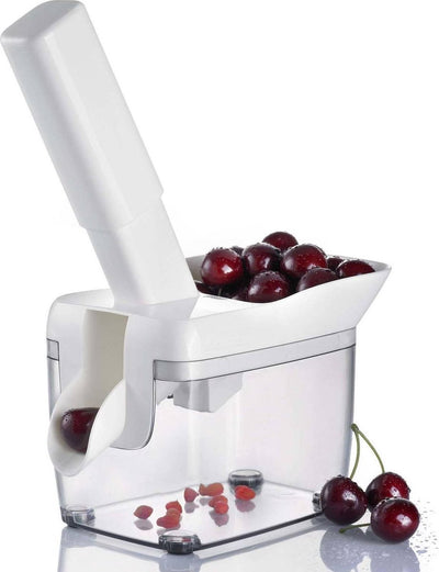 Dépileur de cerises Westmark avec entonnoir, boîte à noyaux et livret de recettes, hauteur : 30 cm, plastique inox, kernfix, blanc gris foncé transparent, 40352260