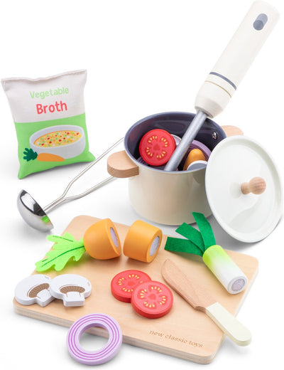 Woet ® ensemble de soupe jouet en bois - ensemble de jouets 'faites votre propre soupe' - fsc - comprenant des légumes, une poêle à découper, une louche - nourriture jouet - ensemble de cuisine de jeu de rôle - à partir de 2 ans