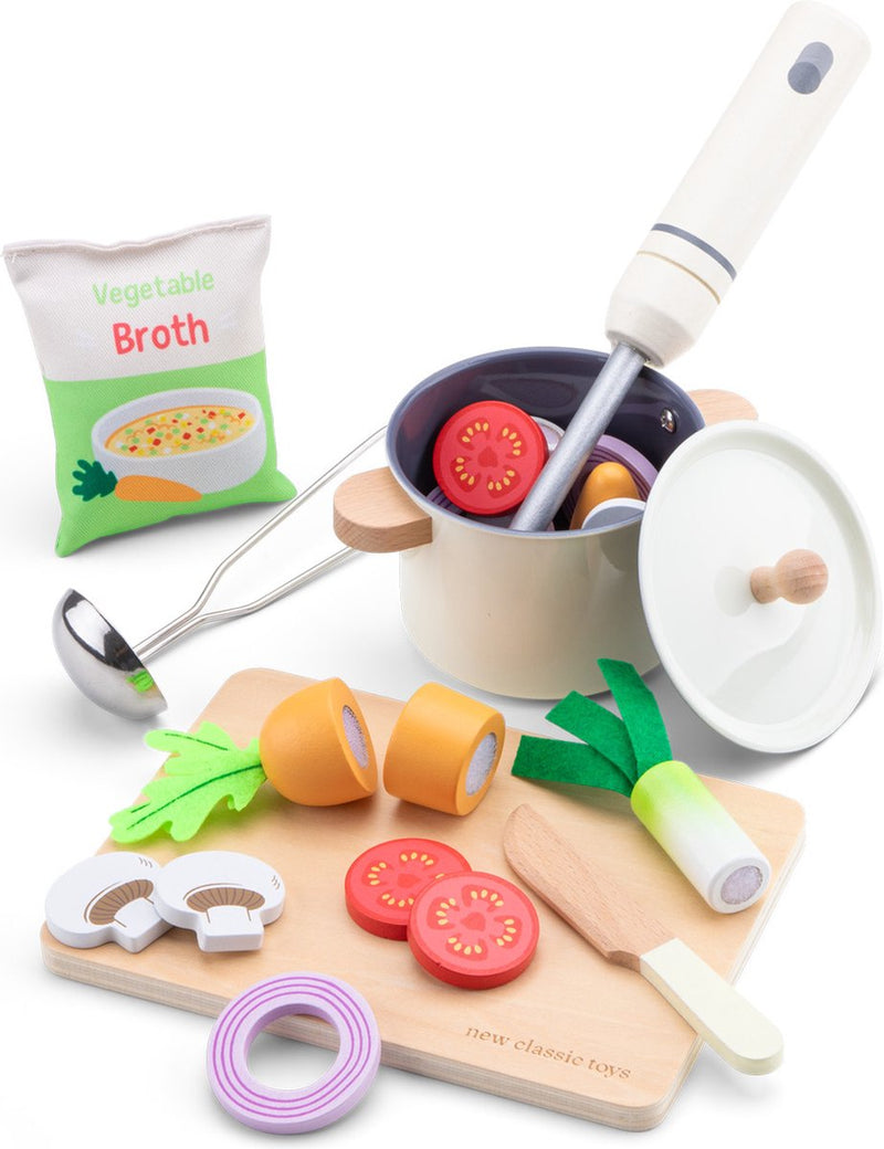 Woet ® ensemble de soupe jouet en bois - ensemble de jouets 'faites votre propre soupe' - fsc - comprenant des légumes, une poêle à découper, une louche - nourriture jouet - ensemble de cuisine de jeu de rôle - à partir de 2 ans