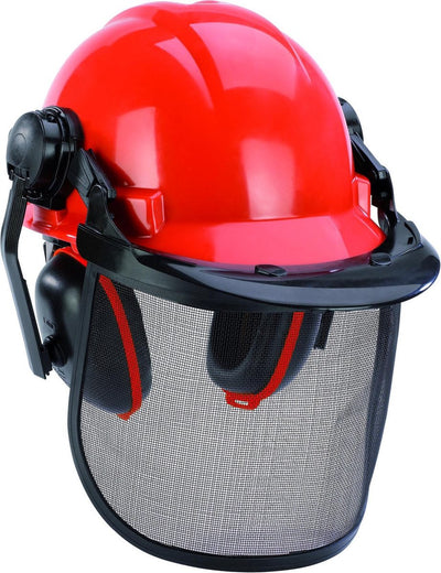 Casque de sécurité Einhell - distance entre la visière et le visage réglable - visière rabattable - tour de cou réglable et protection auditive