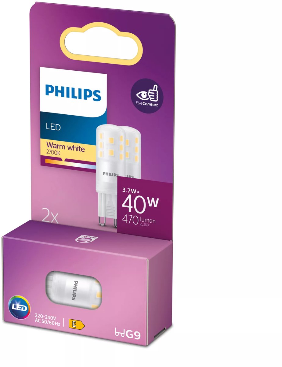 Capsule économe en énergie Philips LED transparente - 40 W - G9 - lumière blanc chaud - 2 pièces - économisez sur les coûts énergétiques