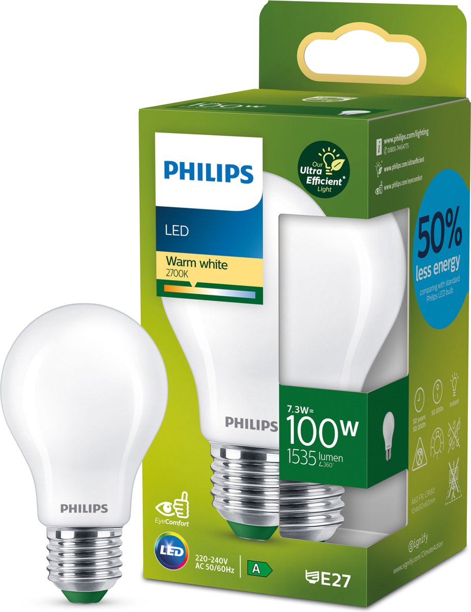 Philips LED Lampe LED ultra efficace Philips mate - 100 W - E27 - lumière blanc chaud