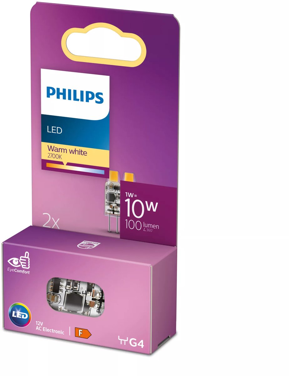 Capsule LED Philips économe en énergie transparente - 10 W - G4 - lumière blanc chaud - 2 pièces - économisez sur les coûts énergétiques