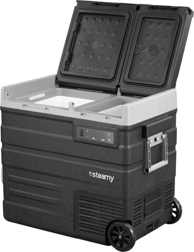 Steamy-e glacière électrique à rouleau double zone à compresseur sur roulettes - double zone - 57 litres - 12v et 230v - pour voiture et camping - noire
