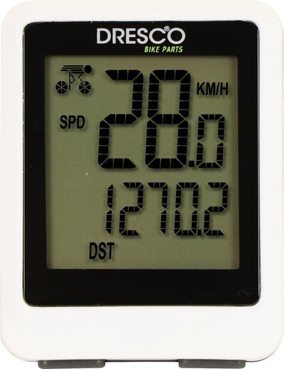 Ordinateur de vélo sans fil Dresco - 12 fonctions - grand écran - fonction scan - résistant aux éclaboussures - incl. (CR2032) - horloge (12 ou 24 heures) - démarrage et arrêt automatiques - rétroéclairage - incl. matériel de montage - blanc
