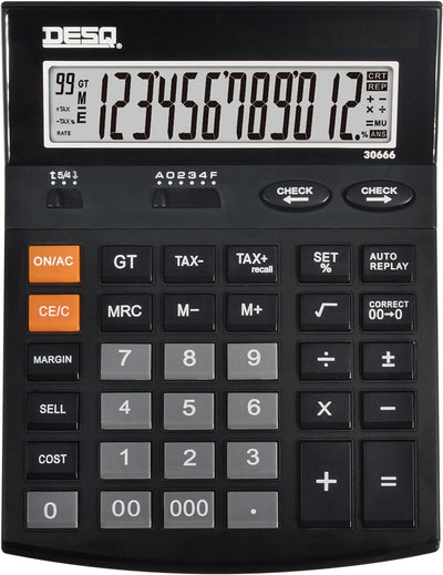 Desq® | calculatrice de bureau grande | 12 chiffres | xlarge | taxe | coût-vente-mar | vérifier correctement