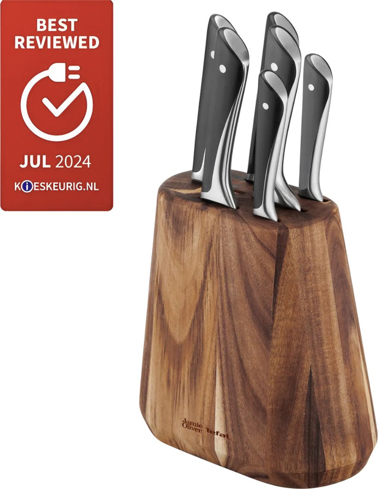 Ensemble de couteaux Jamie Oliver by Tefal - 6 pièces - avec bloc à couteaux - bois acier inoxydable - qualité professionnelle