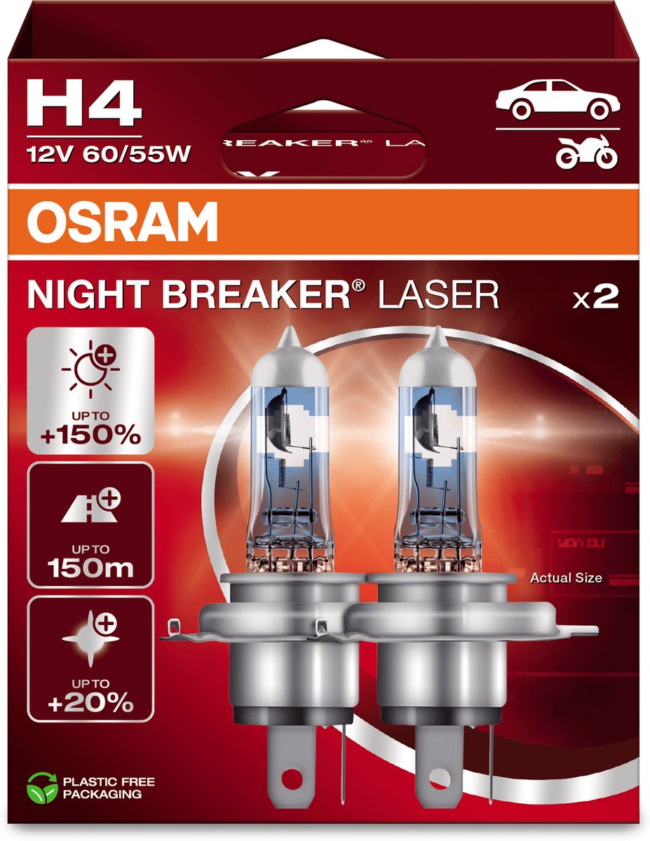 Osram Night Breaker Laser - Lampes de voiture halogènes H4 - Jusqu'à 150 % de lumière en plus et visibilité à 150 m - 64193nl-2hb - Qualité allemande - Lot de 2 lampes
