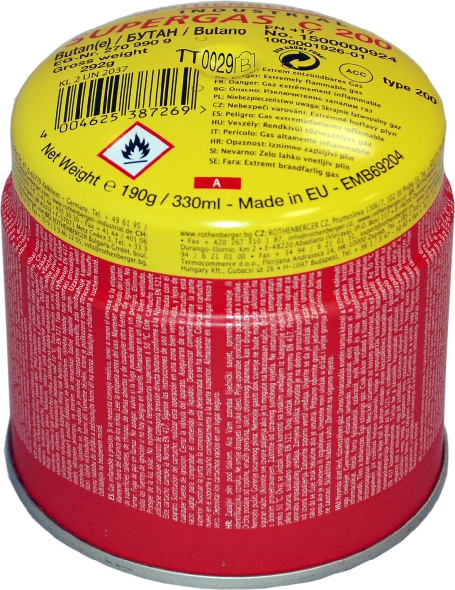 Bouteille de gaz Rothenberger gaz butane propane - parfaite comme remplissage de gaz pour réchaud de camping - 190gr
