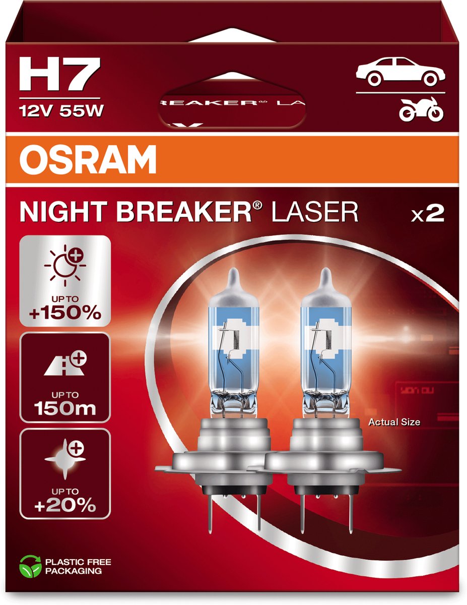 Osram Night Breaker Laser - Lampes de voiture halogènes H7 - Jusqu'à 150 % de lumière en plus et visibilité à 150 m - 64210nl-2hb - Qualité allemande - Lot de 2 lampes
