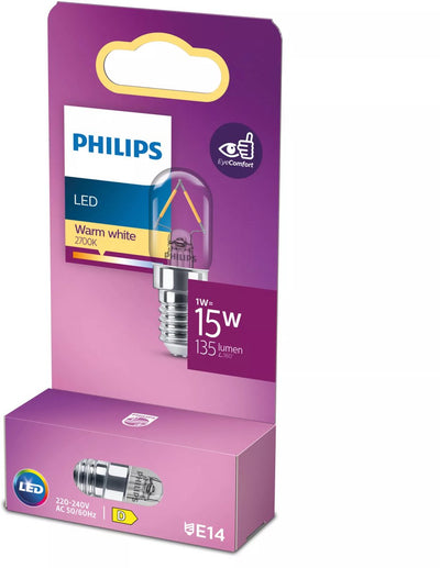 Lampe LED Philips - Forme de lampe T20 - Lampe de réfrigérateur avec culot E14 - Lumière blanc chaud : 2700k - 15w - Verre transparent