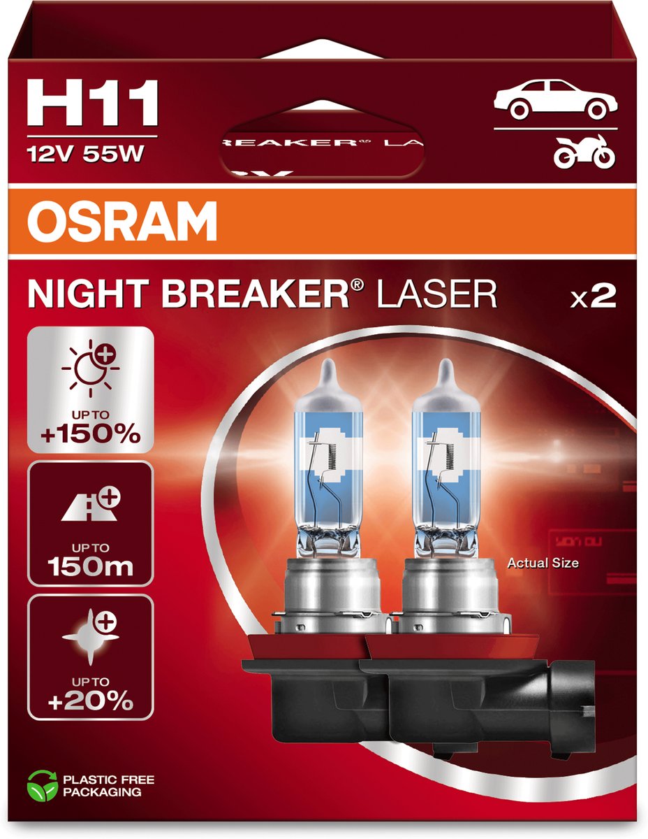Osram Night Breaker Laser - Lampes de voiture halogènes H11 - Jusqu'à 150 % de lumière en plus et visibilité à 150 m - 64211nl-2hb - Qualité allemande - Lot de 2 lampes