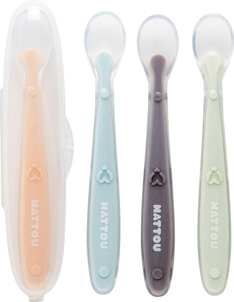 Cuillères en silicone Nattou pour enfants - 4 pièces - longueur : 16 cm chacune - avec boîte de transport pour 1 cuillère - sans BPA