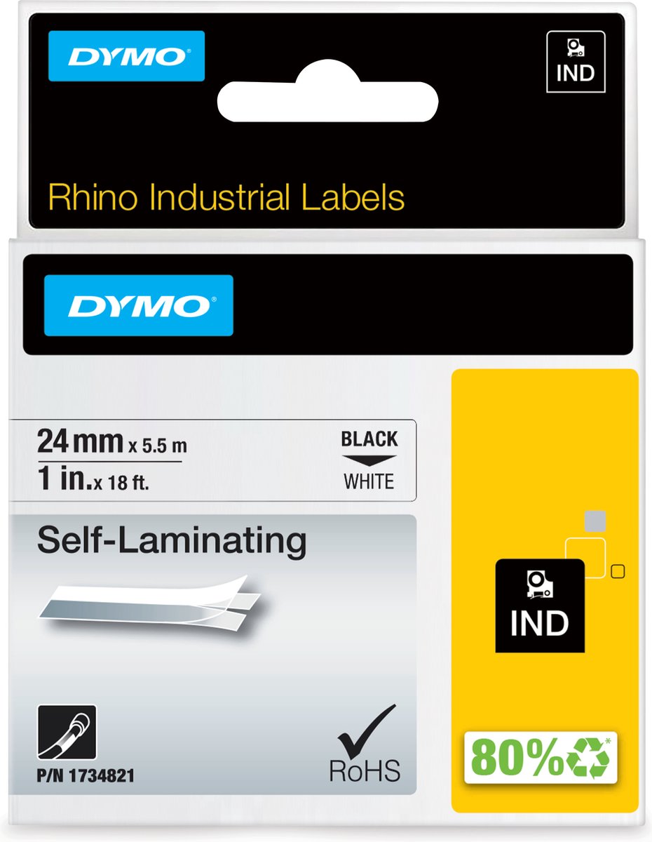 Étiquettes auto-plastifiantes industrielles Dymo rhino | 24 mm x 5,5 m | impression noire sur blanc | pour imprimantes d'étiquettes rhino