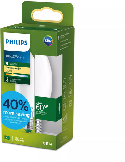 Philips LED Lampe LED ultra-efficace Philips - 60W - culot E14 - lumière blanc chaud : 2700k - verre dépoli - lampe bougie B35 - longue durée de vie