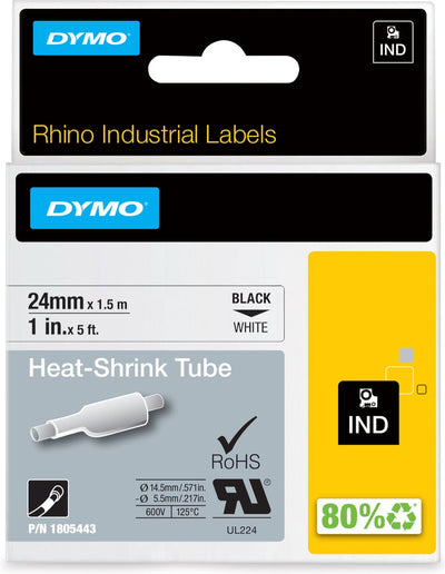Étiquettes de tubes thermorétractables industriels Dymo rhino | 24 mm x 1,5 m | impression noire sur blanc | pour imprimantes d'étiquettes rhino