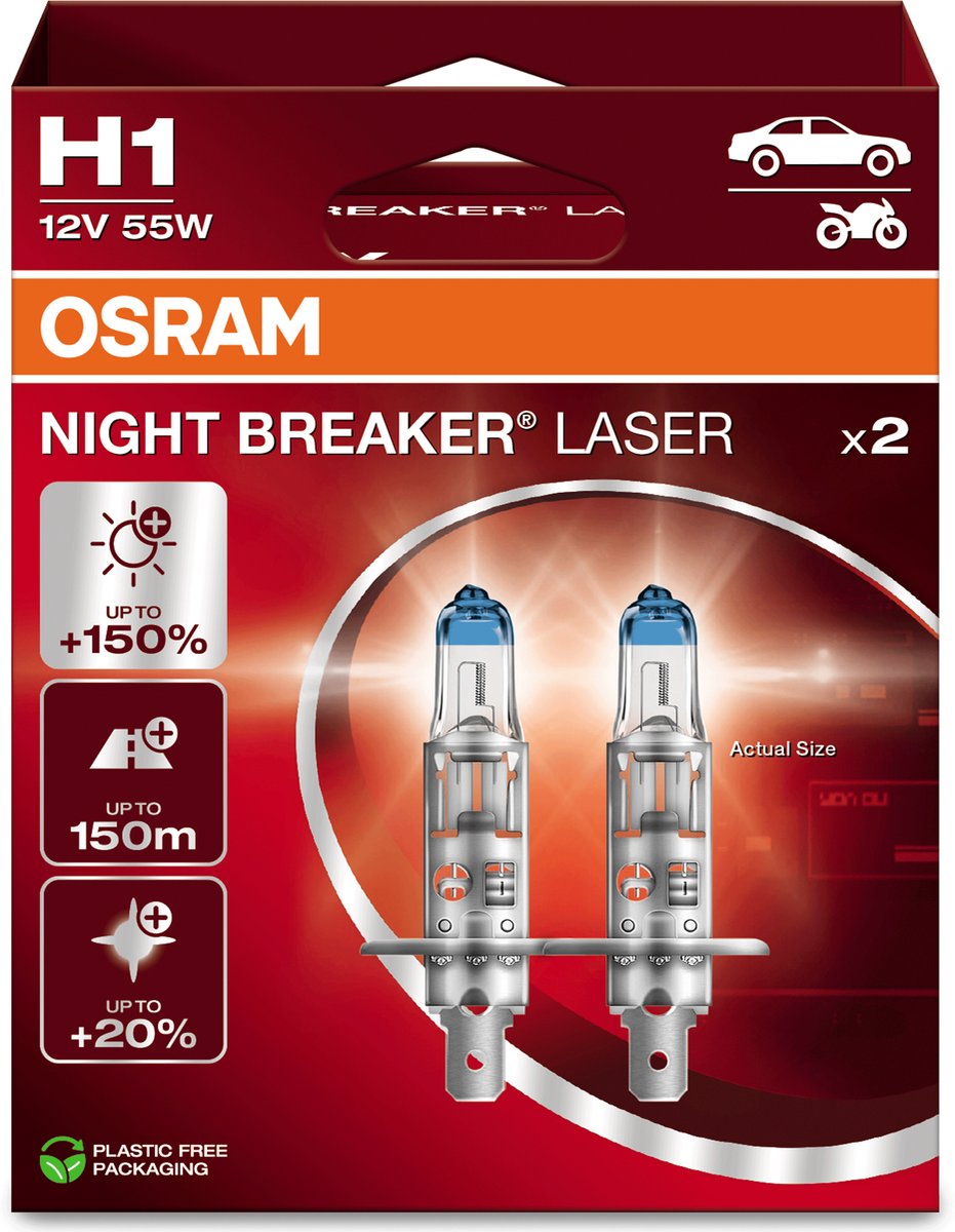 Osram Night Breaker Laser - Lampes de voiture halogènes H1 - Jusqu'à 150 % de lumière en plus et visibilité à 150 m - 64150nl-2hb - Lot de 2 lampes