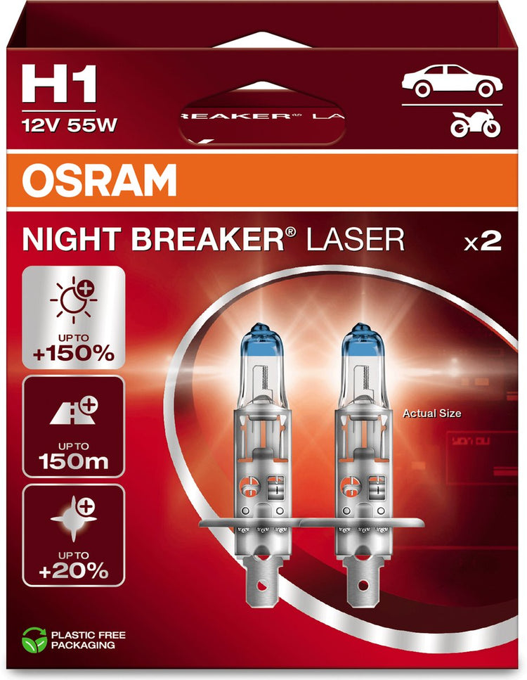 Osram Night Breaker Laser - Lampes de voiture halogènes H1 - Jusqu'à 150 % de lumière en plus et visibilité à 150 m - 64150nl-2hb - Lot de 2 lampes