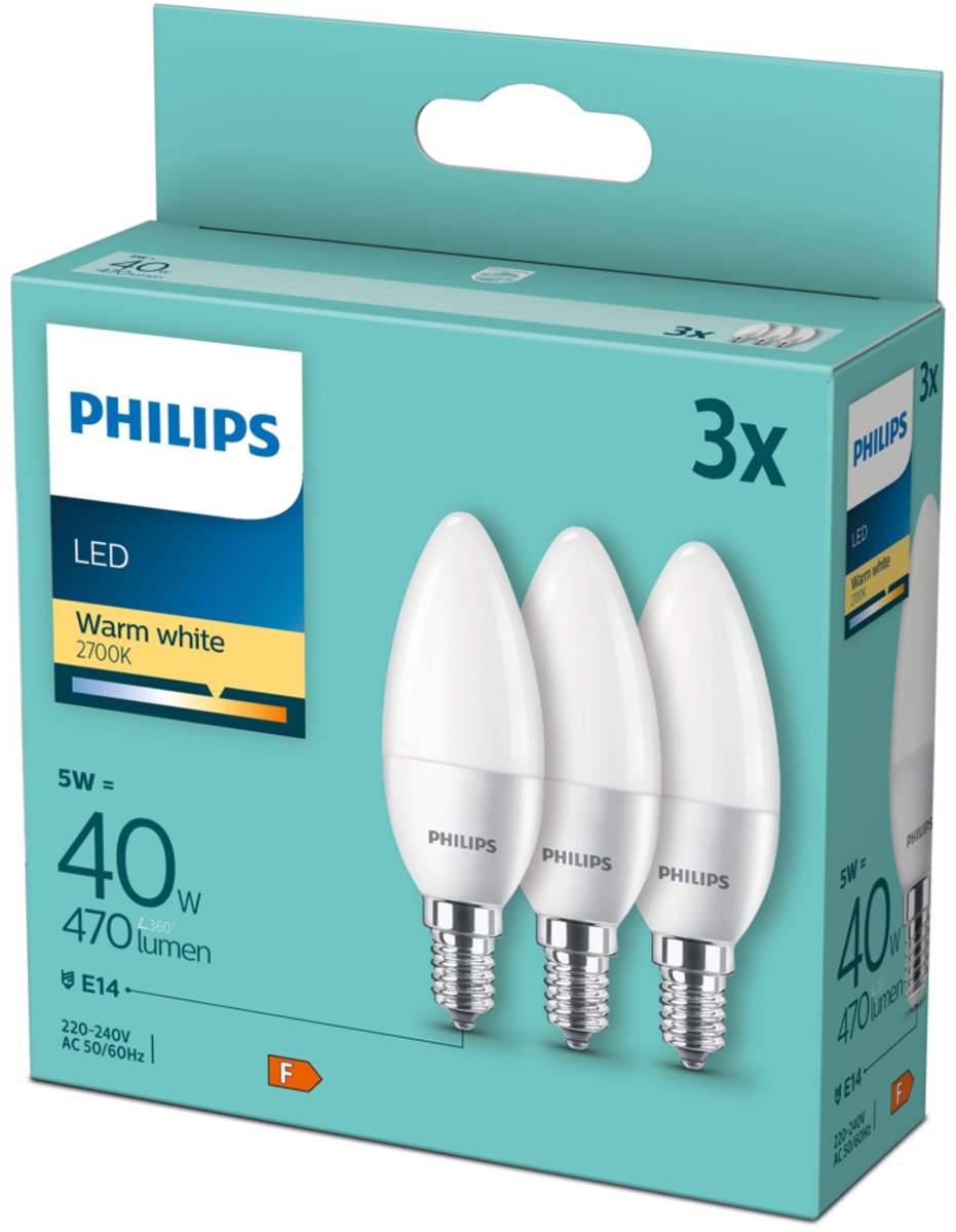 Philips LED Value Pack 3 pièces lampe bougie E14 5W - 2700K 470lm 230V - mat - B35 - remplace 40W - lumière blanc chaud