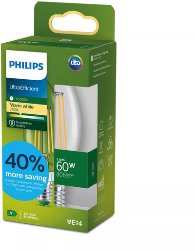 Philips LED Lampe LED ultra-efficace Philips - 60W - culot E14 - lumière blanc chaud : 2700k - verre transparent - lampe bougie B35 - longue durée de vie