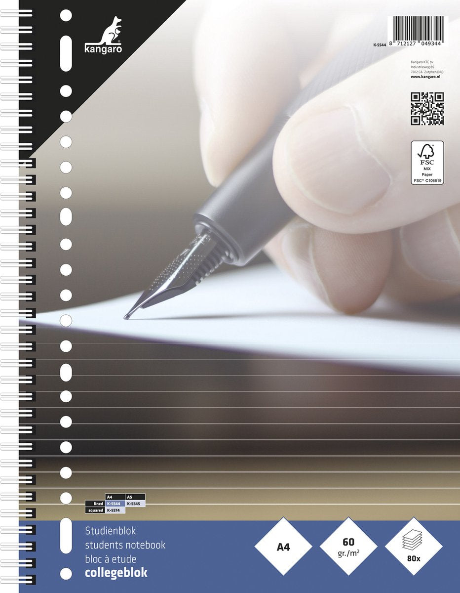 Bloc-notes Kangaro - a4 - avec ligne - 60 grammes - spirale - 23 trous - 5 pièces - bloc-notes - k-5544-5