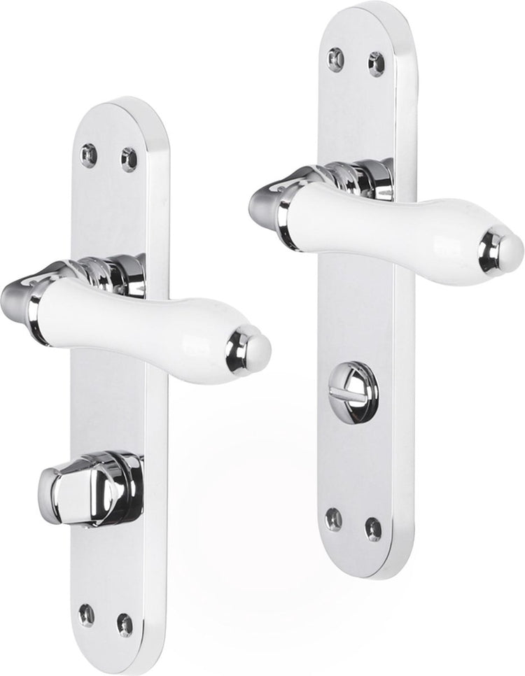 Poignée de porte Impresso - Perth - pour l'intérieur - bouclier de porte ovale avec vis et serrure de toilette - chrome - blanc - 2 pièces