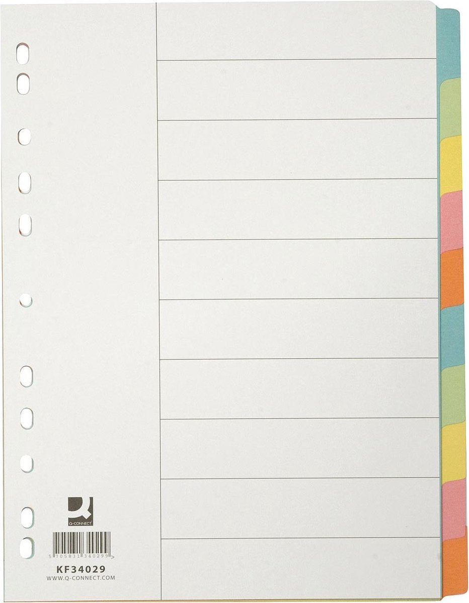 Onglets Q-connect, a4, carton, perforation 11 trous, 10 onglets, couleurs assorties 25 pièces