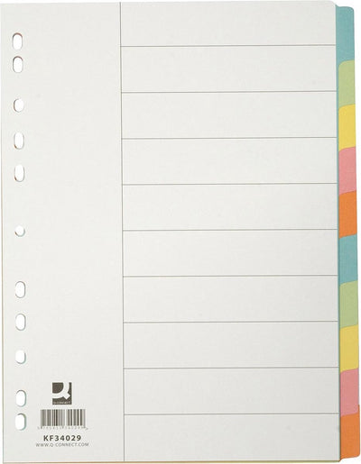 Onglets Q-connect, a4, carton, perforation 11 trous, 10 onglets, couleurs assorties 25 pièces