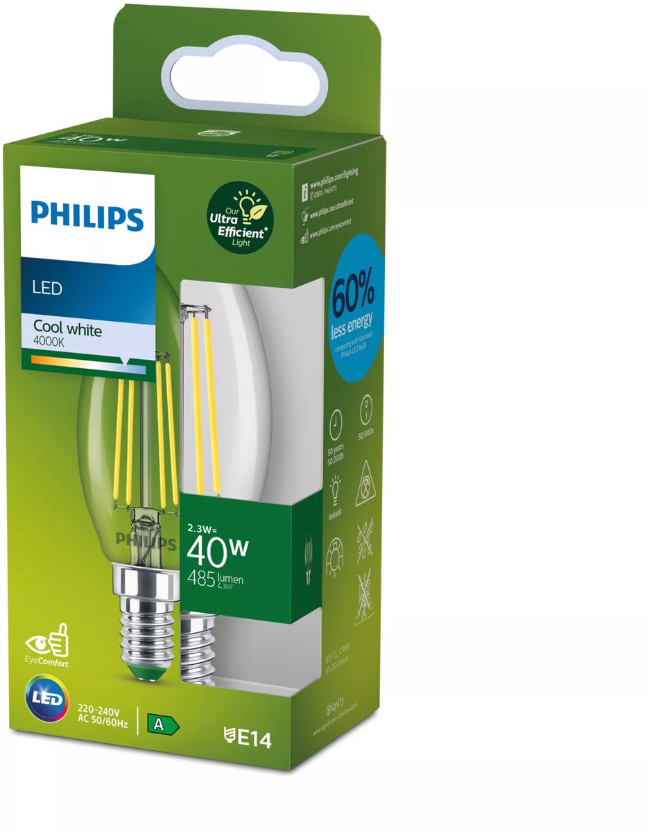 Philips LED Lampe bougie LED ultra efficace Philips transparente - 40 W - E14 - Lumière blanc froid - Classe énergétique A
