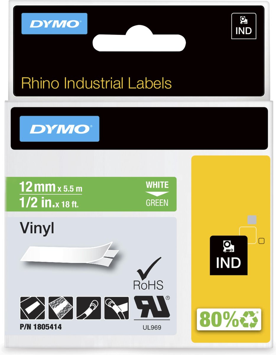 Étiquettes en vinyle industriel Dymo rhino | 12 mm x 5,5 m | impression blanche sur vert | étiquettes autocollantes pour imprimantes d'étiquettes Rhino Label Manager