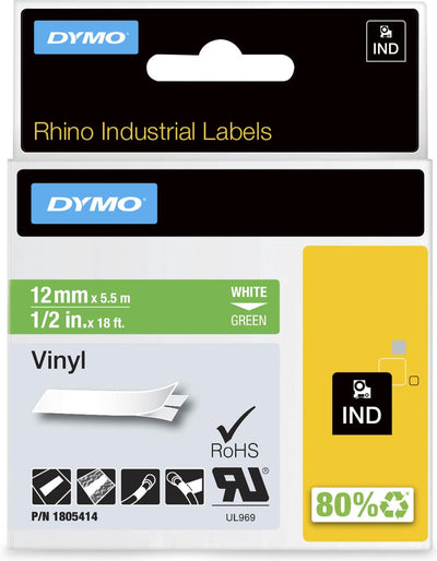 Étiquettes en vinyle industriel Dymo rhino | 12 mm x 5,5 m | impression blanche sur vert | étiquettes autocollantes pour imprimantes d'étiquettes Rhino Label Manager