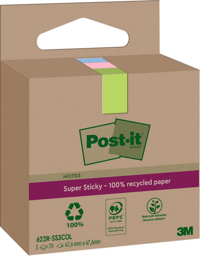 Notes super collantes Post-it recyclées | 70 feuilles | pi 47 | 6x47 | 6mm | assortis | paquet de 3 blocs