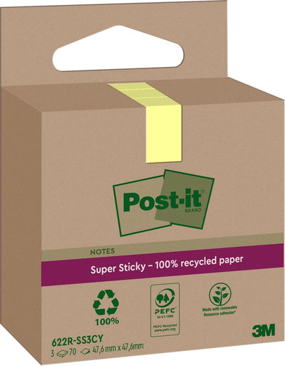 Notes super collantes Post-it recyclées | 70 feuilles | pi 47 | 6x47 | 6mm | jaune | paquet de 3 blocs