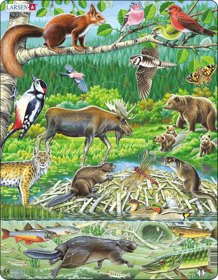 Larsen une journée d'été dans une forêt scandinave - puzzle - animaux - forêts scandinaves - puzzle éducatif pour enfants - 45 pièces - fabriqué en Norvège - pièces extra épaisses de 2,5 mm - plateau avec bord fixe