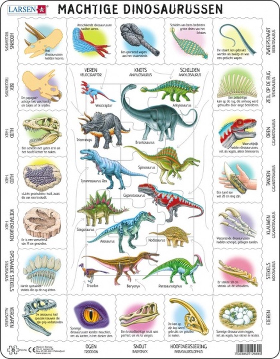 Larsen caractéristiques des dinosaures - puzzle - animaux - préhistoire - puzzle éducatif pour enfants - 35 pièces - fabriqué en Norvège - pièces extra épaisses de 2,5 mm - plateau à bord fixe