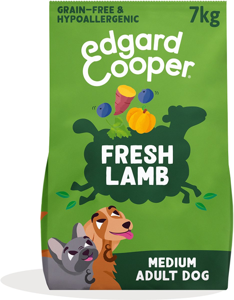 Edgard Cooper nourriture pour chien adulte pour chiens de taille moyenne, agneau frais, 7kg, recette sans céréales et hypoallergénique avec des ingrédients naturels, équilibre parfait des fibres