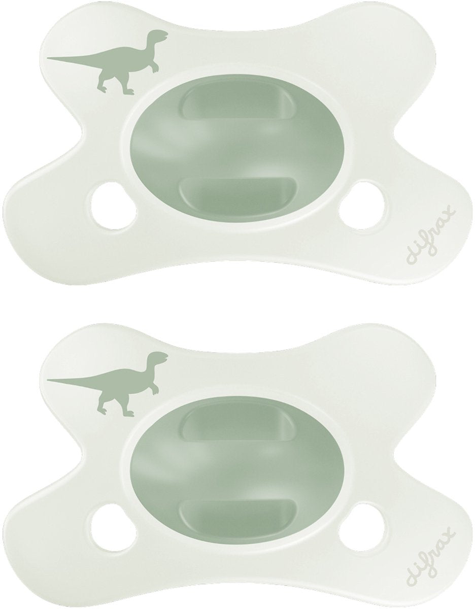 Sucette naturelle Difrax - 0 à 6 mois - dino - imprimé dino vert - 2 pièces