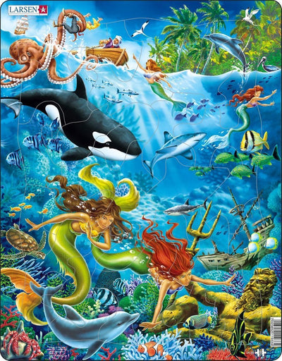 Sirènes Larsen – puzzle – fantaisie et histoire – sirènes – puzzle éducatif pour enfants – 32 pièces – fabriqué en Norvège – pièces extra épaisses de 2,5 mm – plateau avec bord fixe