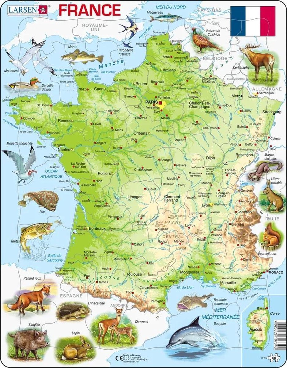 Larsen carte physique de la france – puzzle – france – géographie physique – puzzle éducatif pour enfants – 60 pièces – fabriqué en norvège – pièces extra épaisses de 2.5 mm – plateau avec bord fixe