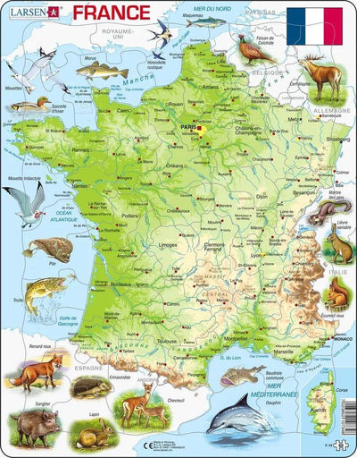 Larsen carte physique de la france – puzzle – france – géographie physique – puzzle éducatif pour enfants – 60 pièces – fabriqué en norvège – pièces extra épaisses de 2.5 mm – plateau avec bord fixe