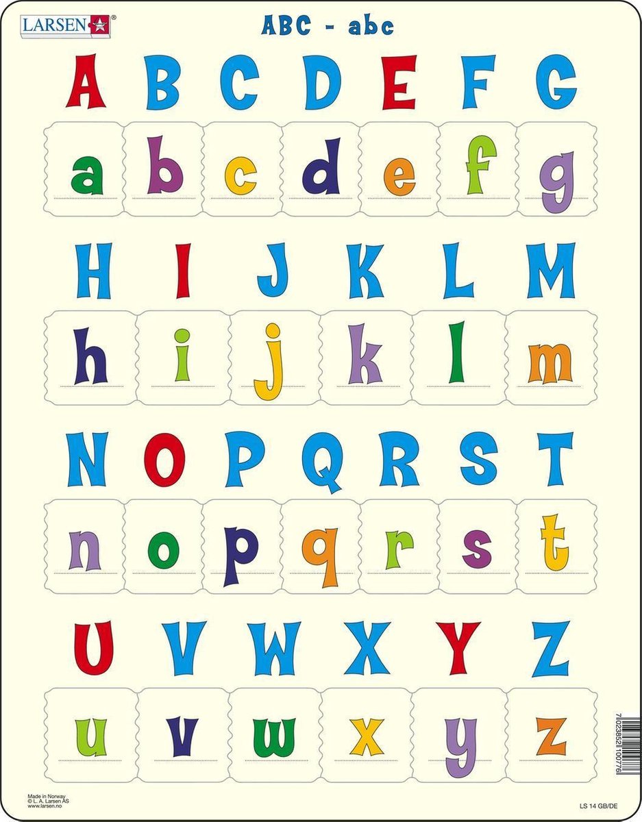 Larsen lettres majuscules et minuscules - puzzle - apprentissage de la lecture - lettres - puzzle éducatif pour enfants - 26 pièces - fabriqué en Norvège - pièces extra épaisses de 2,5 mm - plateau à bord fixe