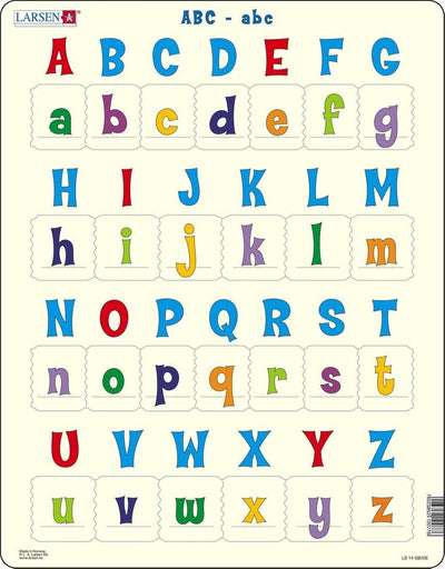 Larsen lettres majuscules et minuscules - puzzle - apprentissage de la lecture - lettres - puzzle éducatif pour enfants - 26 pièces - fabriqué en Norvège - pièces extra épaisses de 2,5 mm - plateau à bord fixe