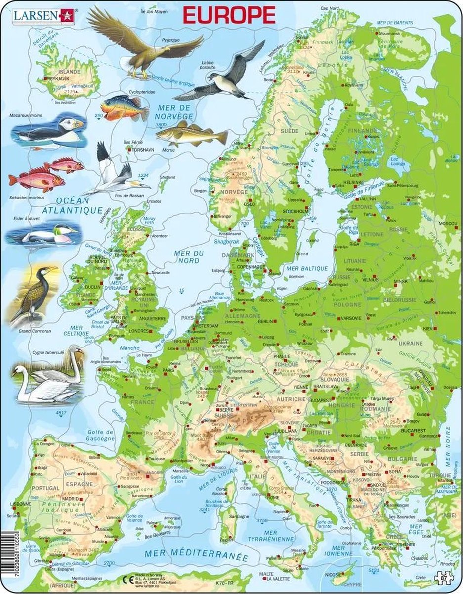 Larsen carte topographique de l'europe – puzzle – europe – géographie physique – puzzle éducatif pour enfants – 87 pièces – fabriqué en norvège – pièces extra épaisses de 2.5 mm – plateau avec plaque fixe