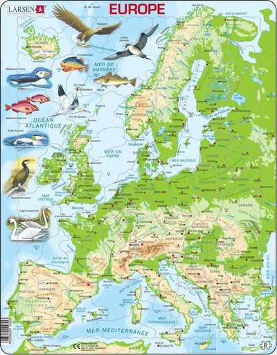 Larsen carte topographique de l'europe – puzzle – europe – géographie physique – puzzle éducatif pour enfants – 87 pièces – fabriqué en norvège – pièces extra épaisses de 2.5 mm – plateau avec plaque fixe