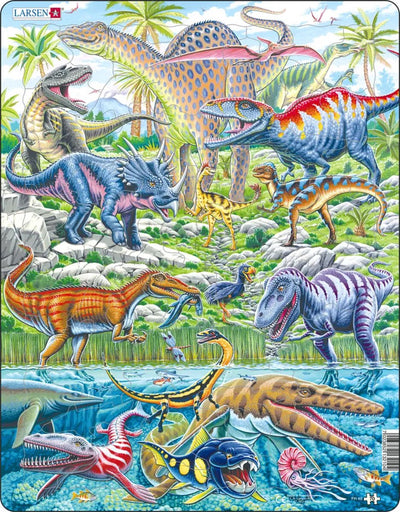 Dinosaures Larsen qui volent, courent et plongent - puzzle - animaux - préhistoire - puzzle éducatif pour enfants - 70 pièces - fabriqué en Norvège - pièces extra épaisses de 2,5 mm - plateau à bord fixe